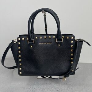 Michael Kors Gold Studded Black Leather Selma Satchel Crossbody Handbag